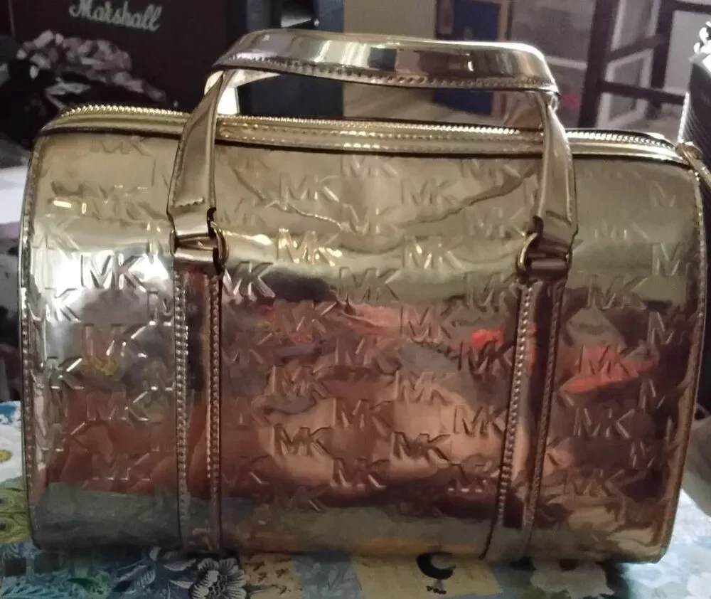 NWOT~MICHAEL KORS Jet Set Medium Metallic Logo Debossed Satchel in Pale Gold